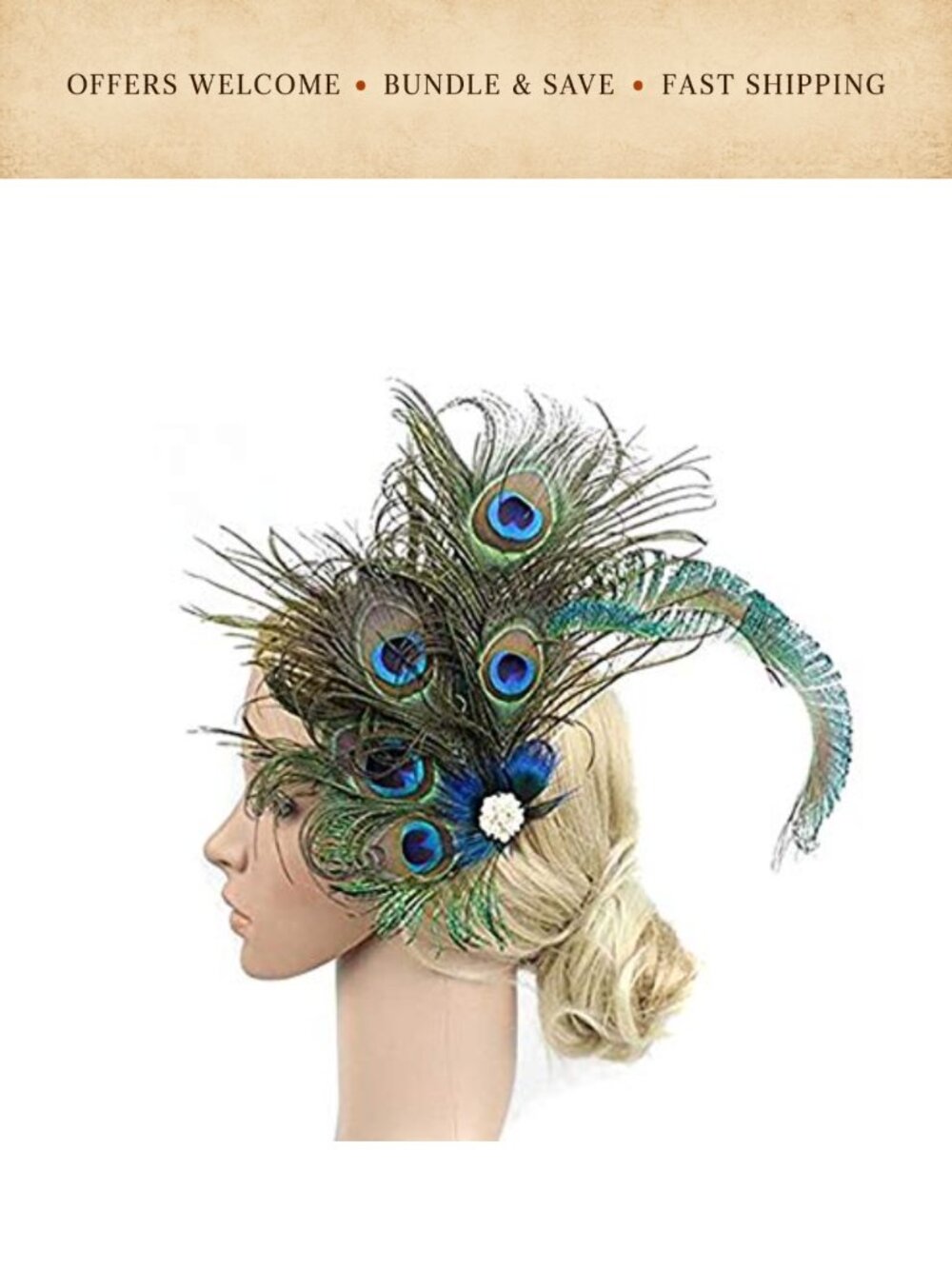 Bohemian Peacock Feather Hair Clip Rhinestone Fascinator Wedding Party Headpiece